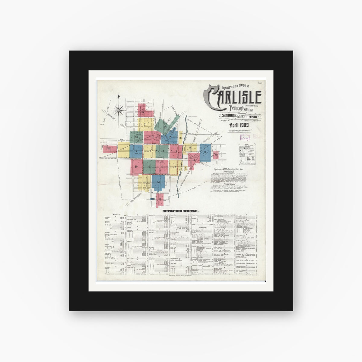 Old map wall art mockup — black gallery frame with white mat — Sanborn Fire Insurance Map from Carlisle, Cumberland County, Pennsylvania (1909), Sheet #0001