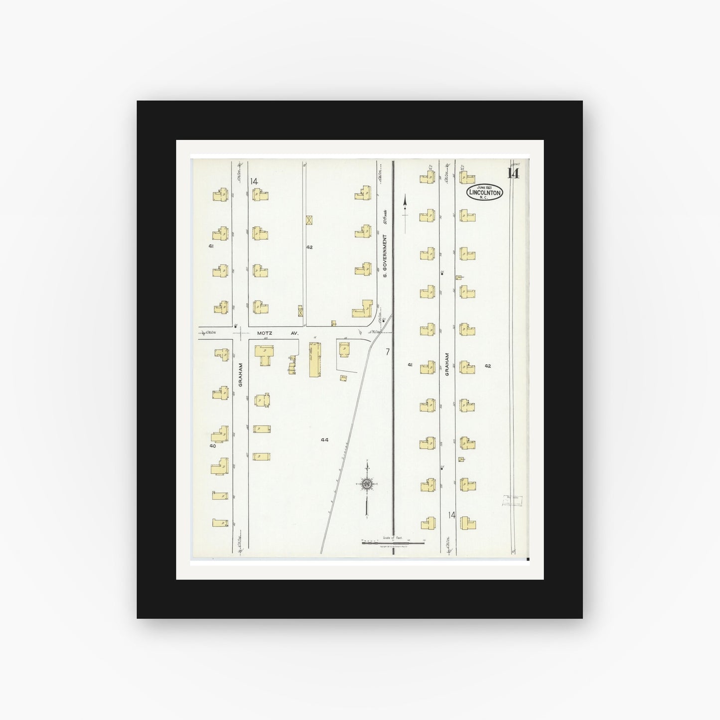 Old map wall art mockup — black gallery frame with white mat — Sanborn Fire Insurance Map from Lincolnton, Lincoln County, North Carolina (1921), Sheet #0014