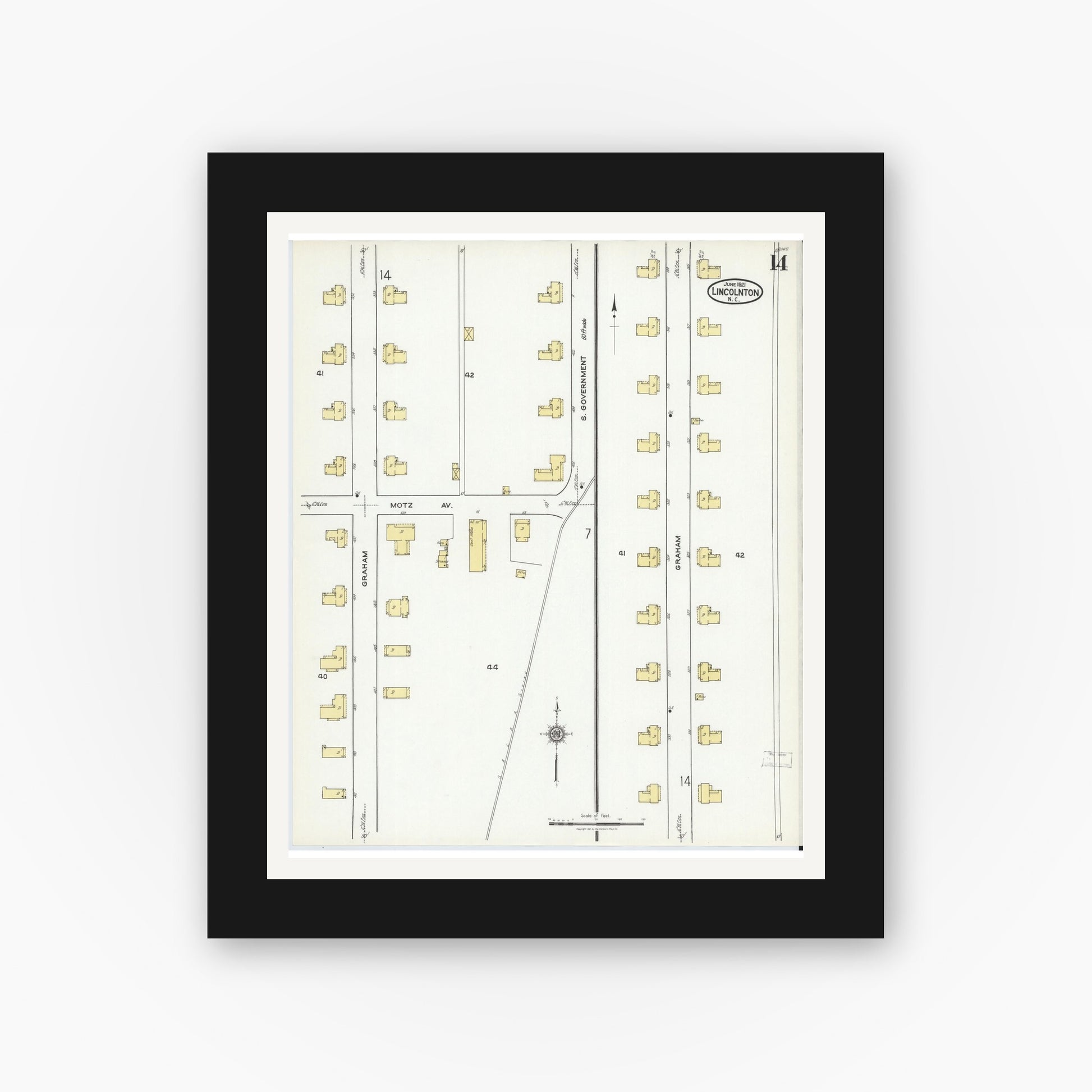 Old map wall art mockup — black gallery frame with white mat — Sanborn Fire Insurance Map from Lincolnton, Lincoln County, North Carolina (1921), Sheet #0014