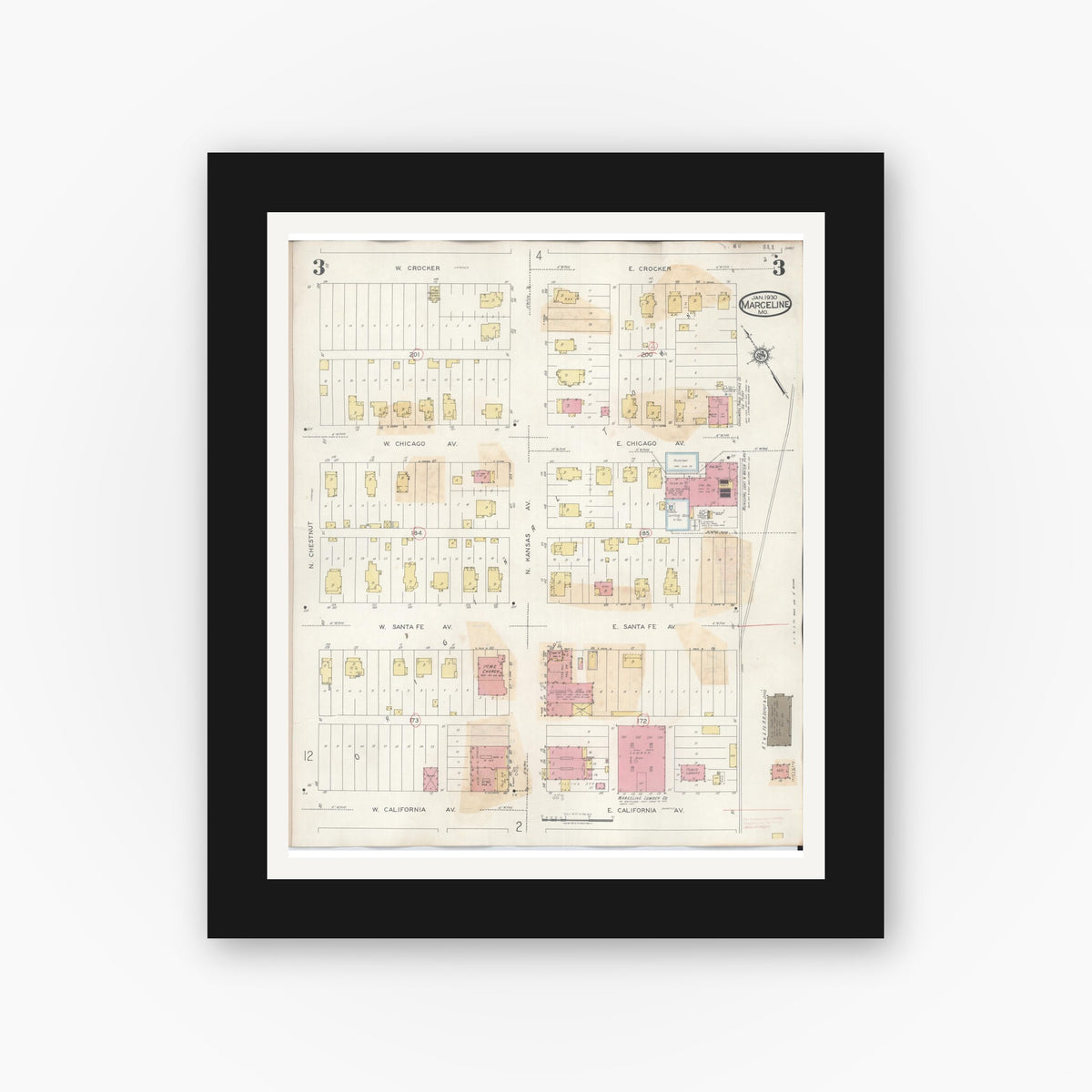 Old map wall art mockup — black gallery frame with white mat — Sanborn Fire Insurance Map from Marceline, Linn County, Missouri (1939), Sheet #0003