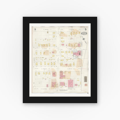 Old map wall art mockup — black gallery frame with white mat — Sanborn Fire Insurance Map from Marceline, Linn County, Missouri (1939), Sheet #0003