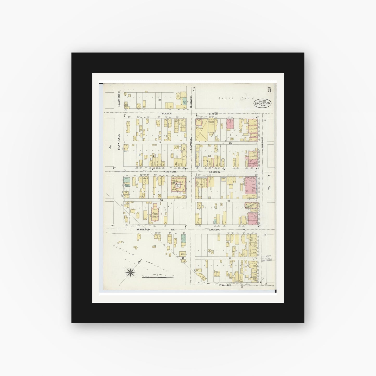 Old map wall art mockup — black gallery frame with white mat — Sanborn Fire Insurance Map from Ironwood, Gogebic County, Michigan (1898), Sheet #0005