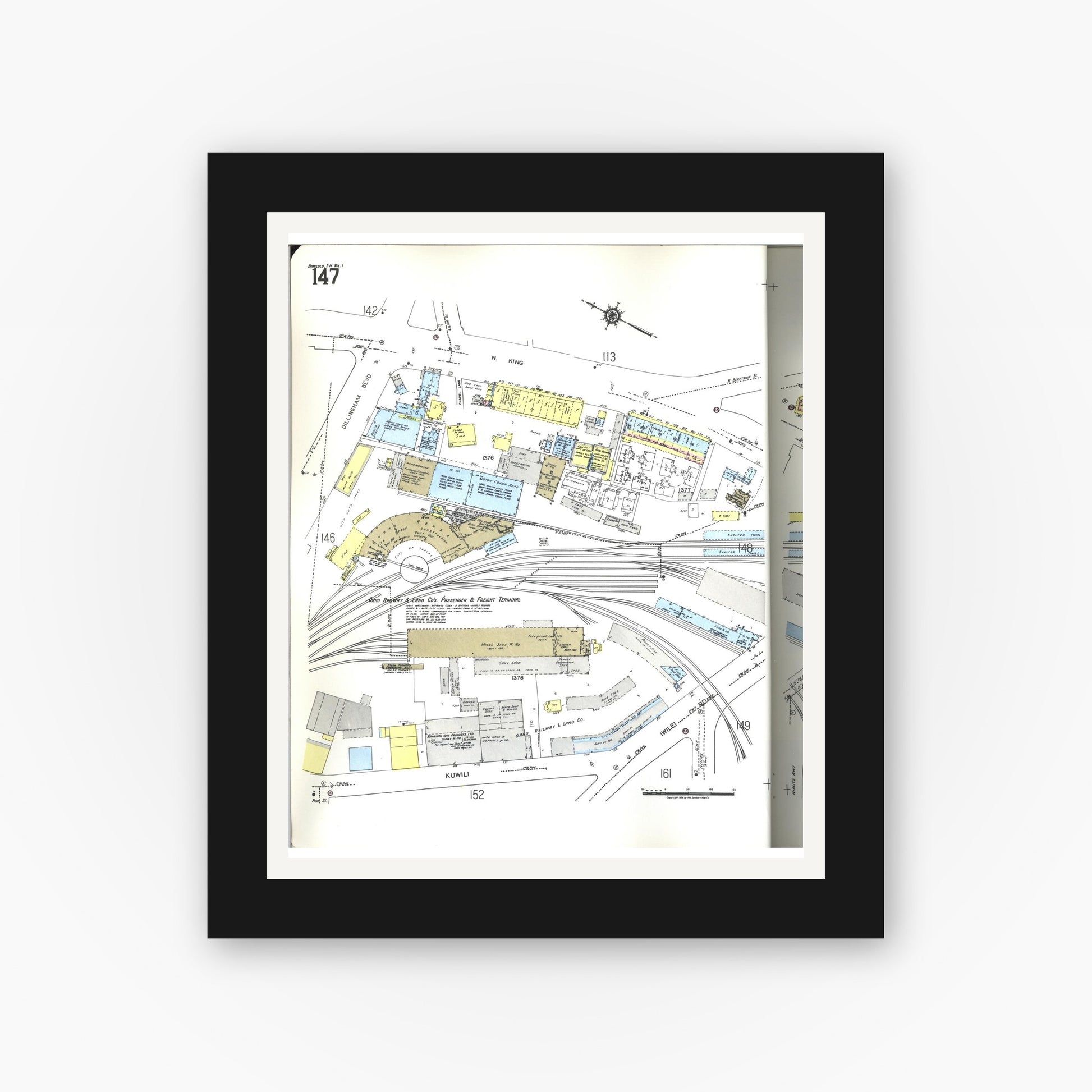 Old map wall art mockup — black gallery frame with white mat — Sanborn Fire Insurance Map from Honolulu, Oahu County, Hawaii (1955), Sheet #0147