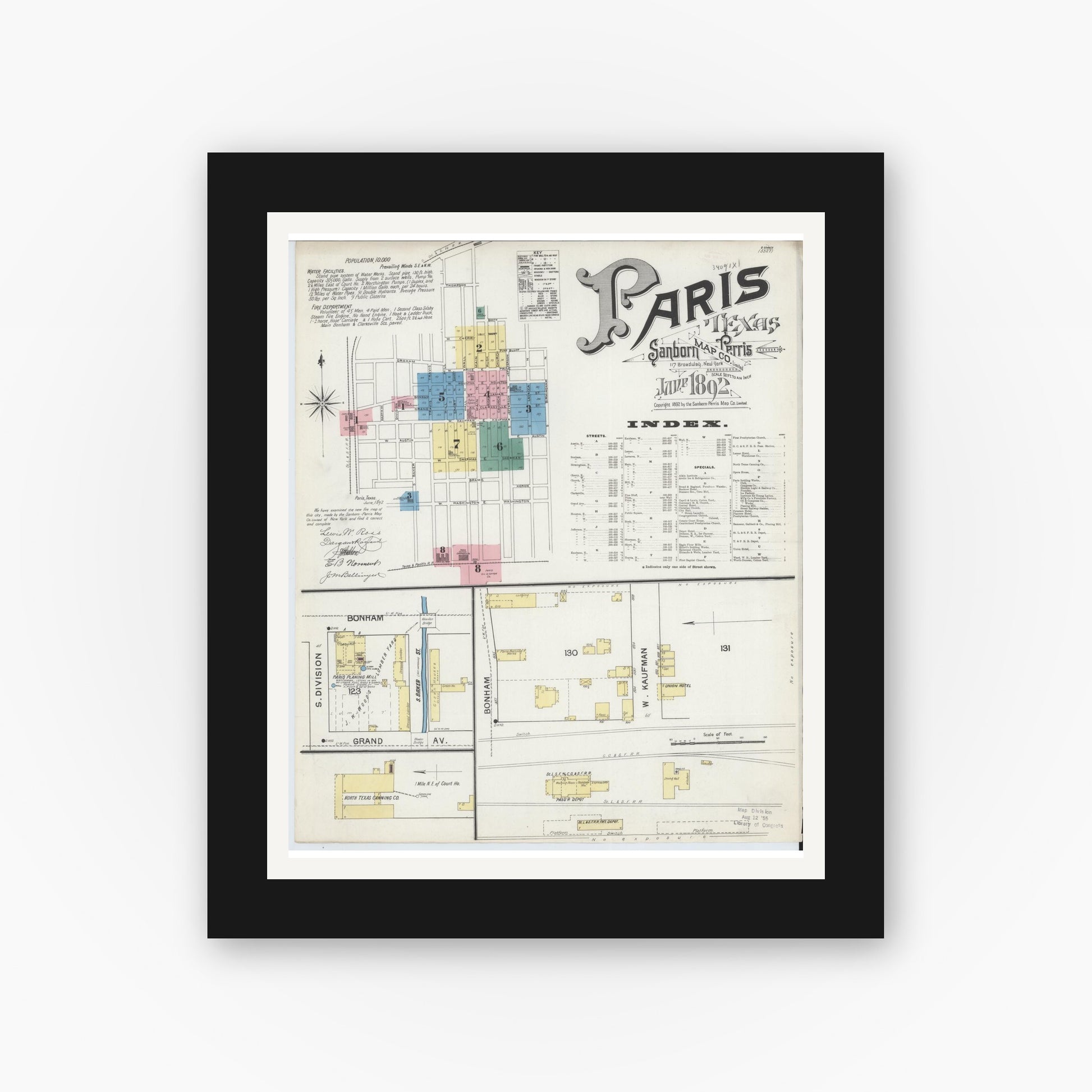 Old map wall art mockup — black gallery frame with white mat — Sanborn Fire Insurance Map from Paris, Lamar County, Texas (1892), Sheet #0001