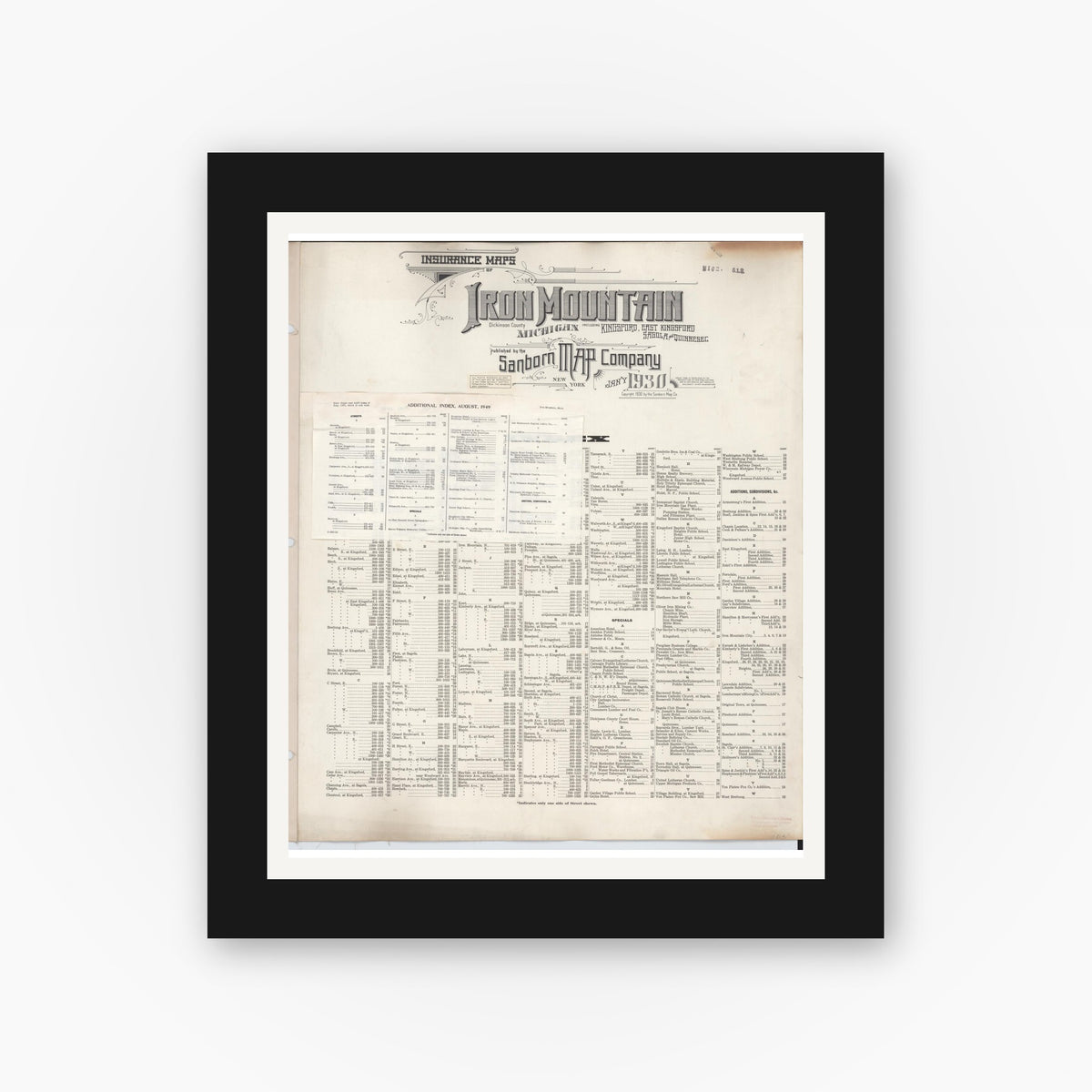 Old map wall art mockup — black gallery frame with white mat — Sanborn Fire Insurance Map from Iron Mountain, Dickinson County, Michigan (1949), Sheet #0001