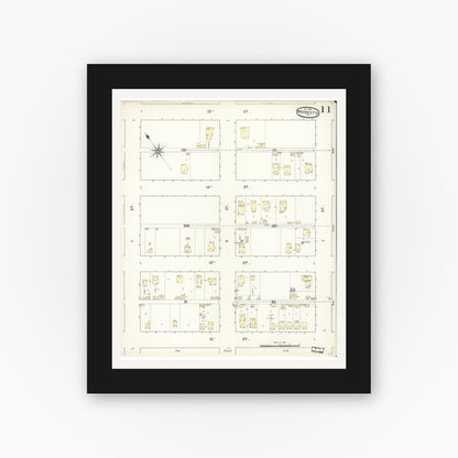 Old map wall art mockup — black gallery frame with white mat — Sanborn Fire Insurance Map from Modesto, Stanislaus County, California (1891), Sheet #0011
