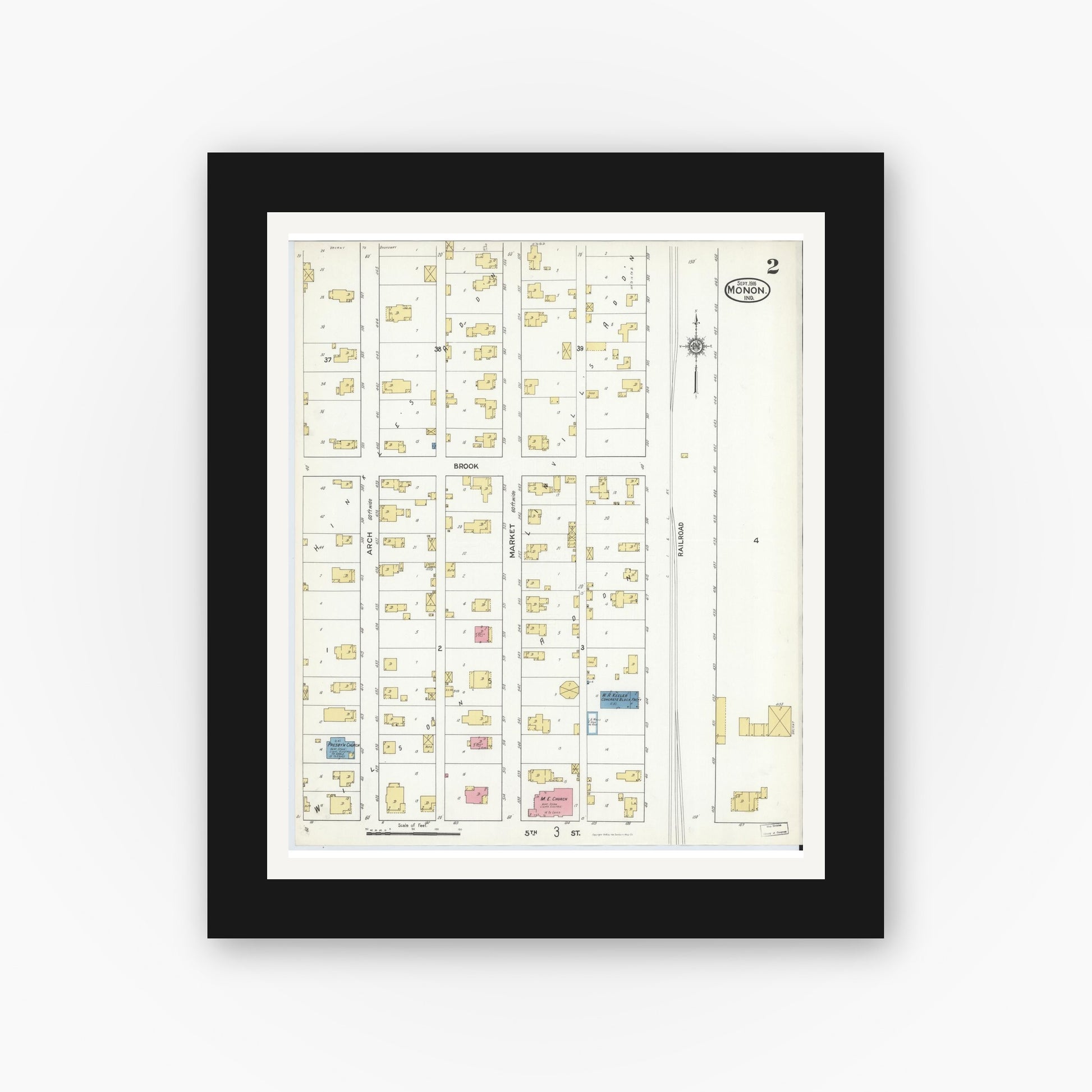Old map wall art mockup — black gallery frame with white mat — Sanborn Fire Insurance Map from Monon, White County, Indiana (1916), Sheet #0002
