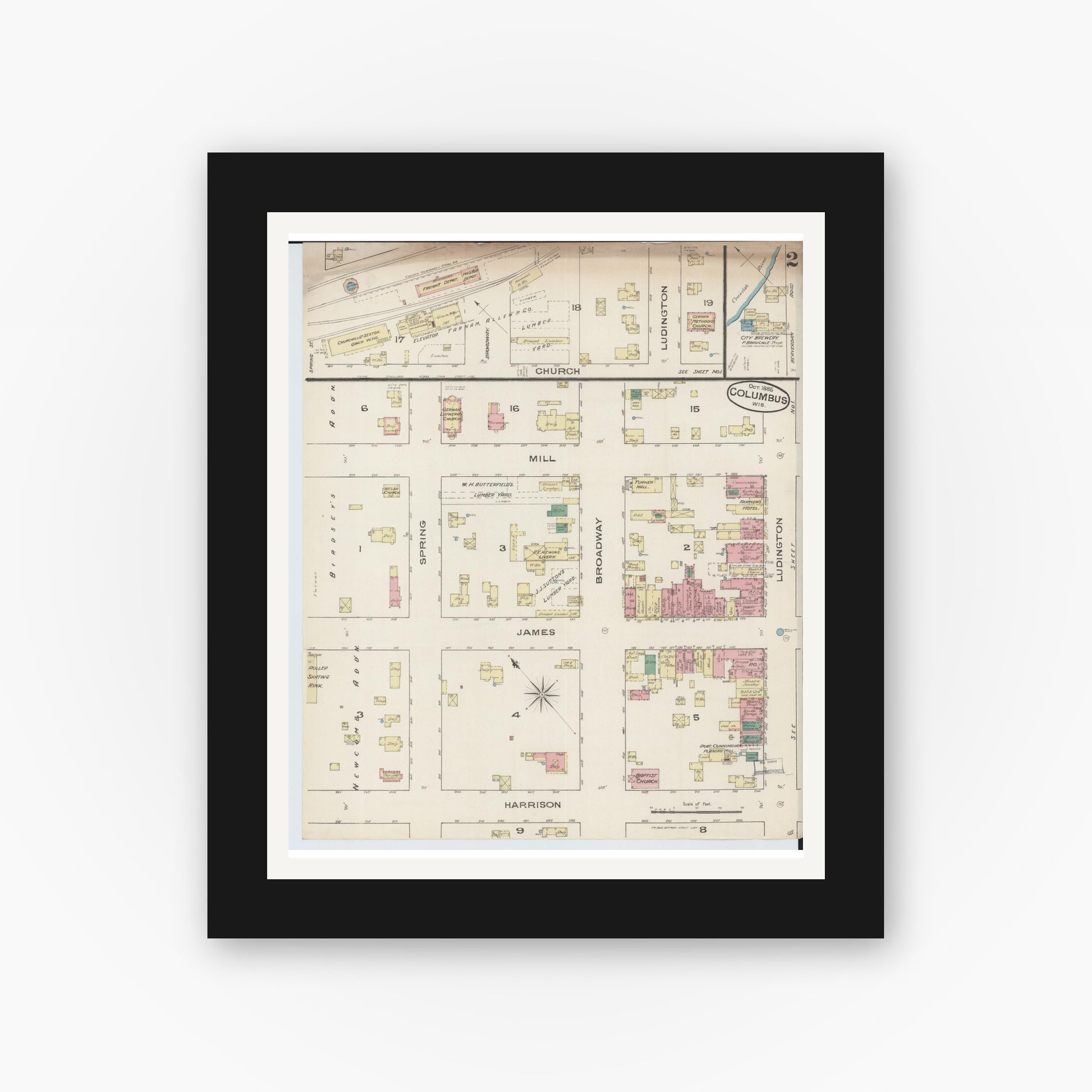 Old map wall art mockup — black gallery frame with white mat — Sanborn Fire Insurance Map from Columbus, Columbia and Dodge County, Wisconsin (1885), Sheet #0002
