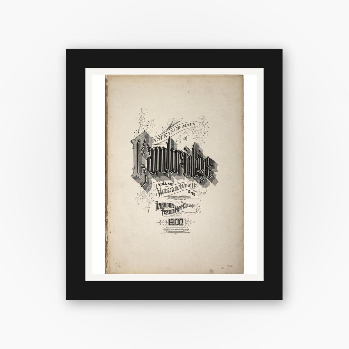 Old map wall art mockup — black gallery frame with white mat — Sanborn Fire Insurance Map from Cambridge, Middlesex County, Massachusetts (1900), Sheet #0001
