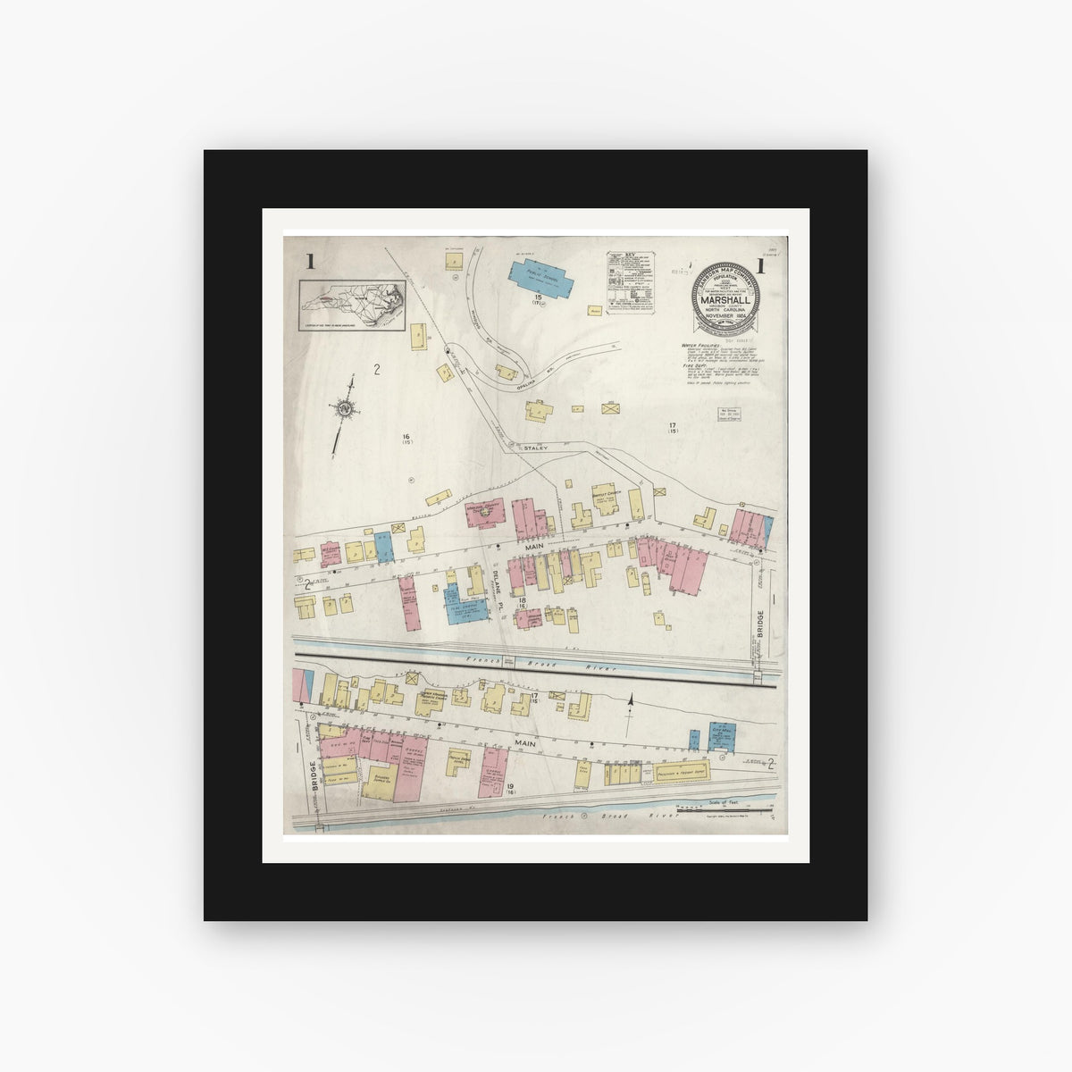 Old map wall art mockup — black gallery frame with white mat — Sanborn Fire Insurance Map from Marshall, Madison County, North Carolina (1924), Sheet #0001