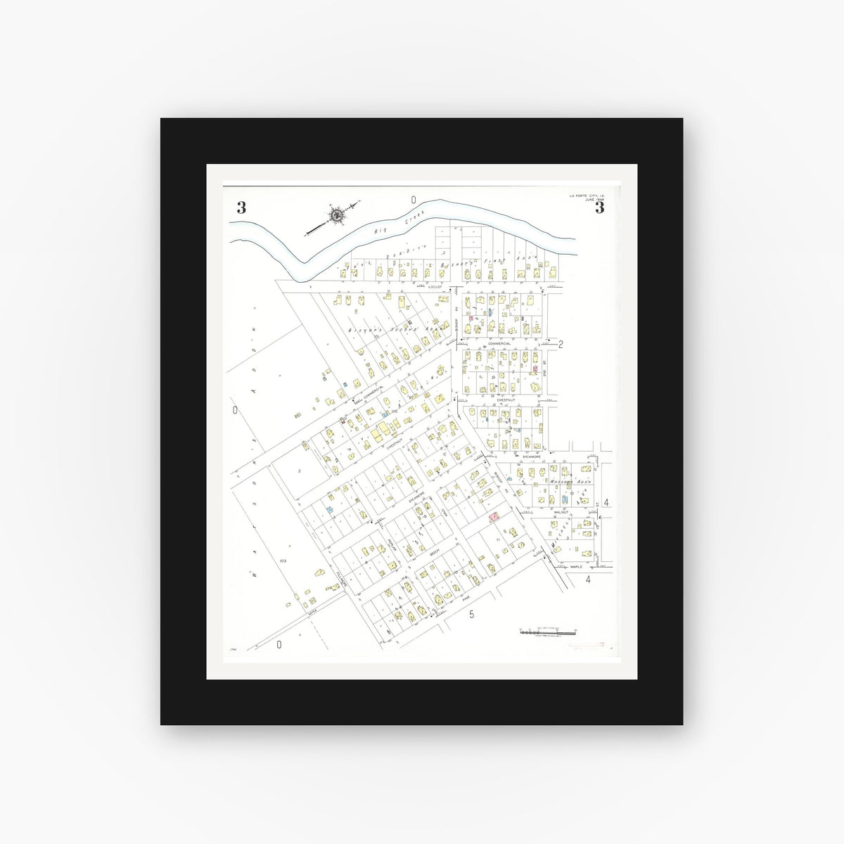 Old map wall art mockup — black gallery frame with white mat — Sanborn Fire Insurance Map from La Porte City, Black Hawk County, Iowa (1948), Sheet #0003