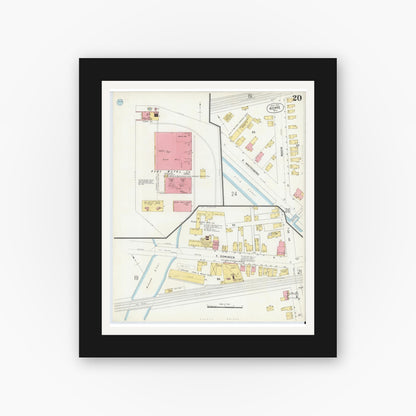 Old map wall art mockup — black gallery frame with white mat — Sanborn Fire Insurance Map from Rome, Oneida County, New York (1904), Sheet #0020