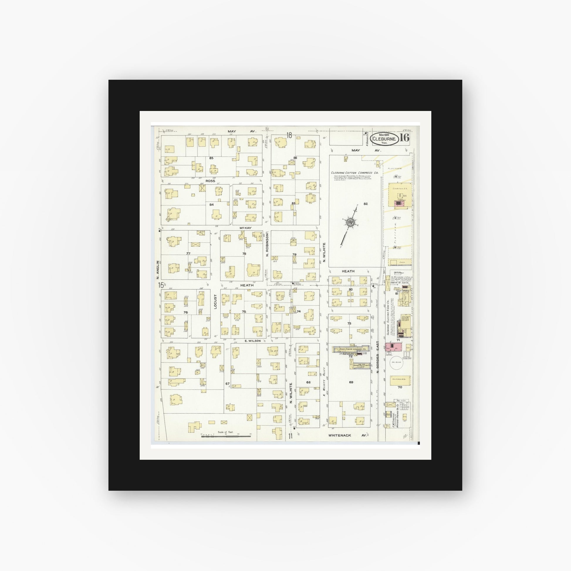 Old map wall art mockup — black gallery frame with white mat — Sanborn Fire Insurance Map from Cleburne, Johnson County, Texas (1910), Sheet #0016