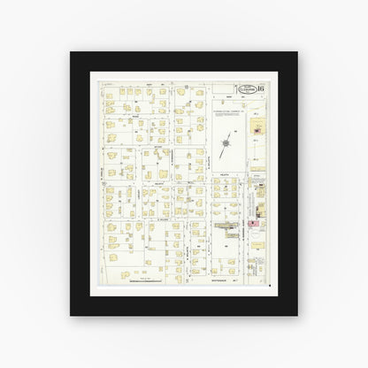 Old map wall art mockup — black gallery frame with white mat — Sanborn Fire Insurance Map from Cleburne, Johnson County, Texas (1910), Sheet #0016