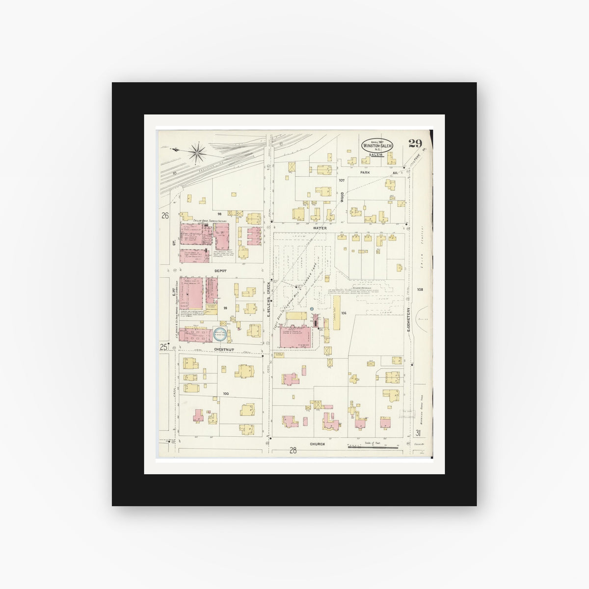 Old map wall art mockup — black gallery frame with white mat — Sanborn Fire Insurance Map from Winston-Salem, Forsyth County, North Carolina (1907), Sheet #0029