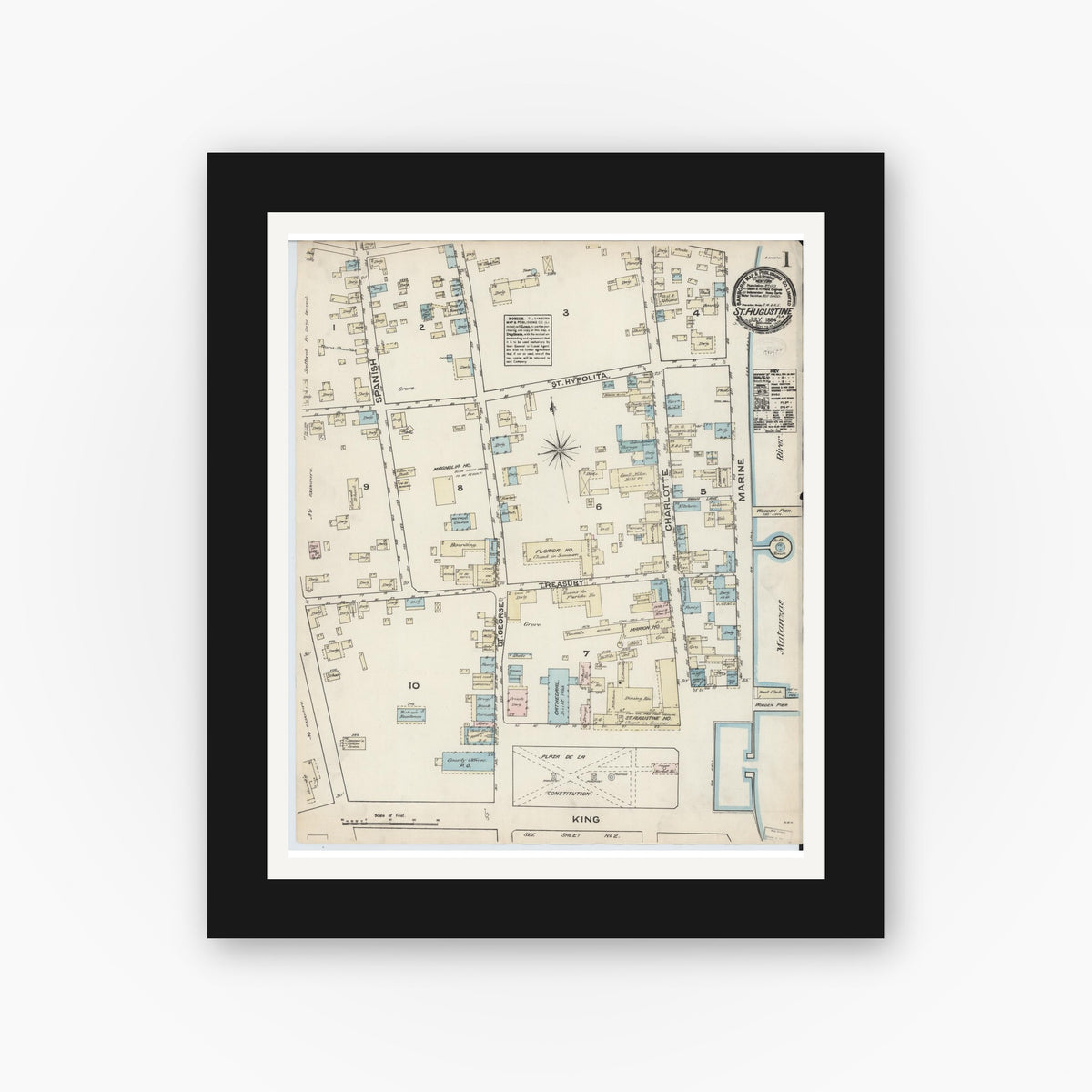 Old map wall art mockup — black gallery frame with white mat — Sanborn Fire Insurance Map from Saint Augustine, Saint John's County, Florida (1884) - Complete Map Set