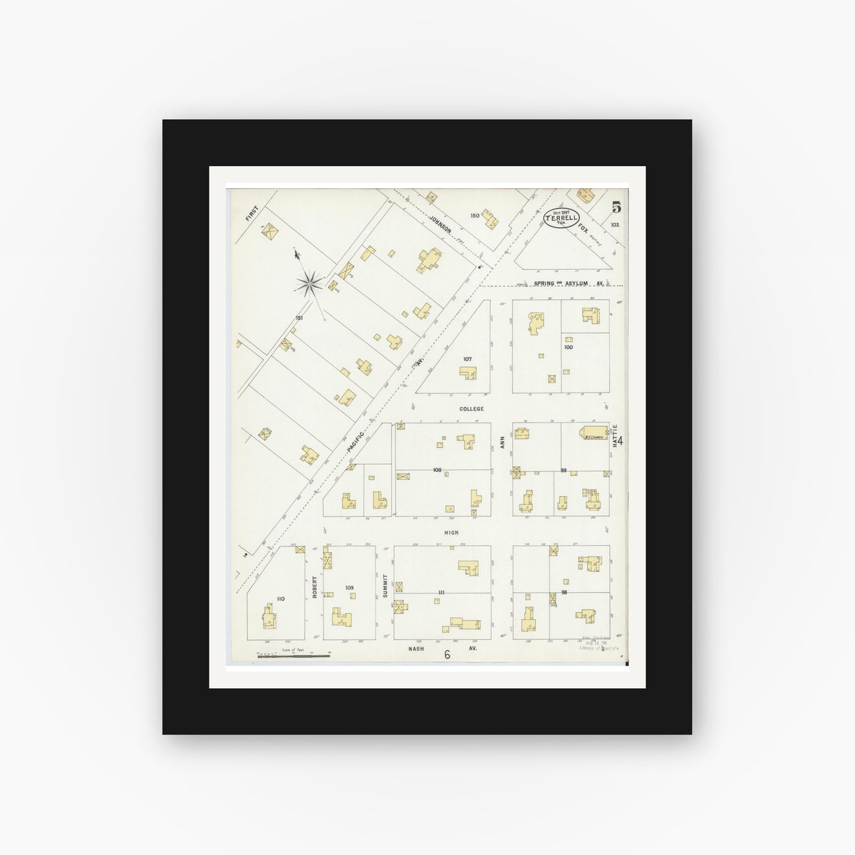 Old map wall art mockup — black gallery frame with white mat — Sanborn Fire Insurance Map from Terrell, Kaufman County, Texas (1897), Sheet #0005