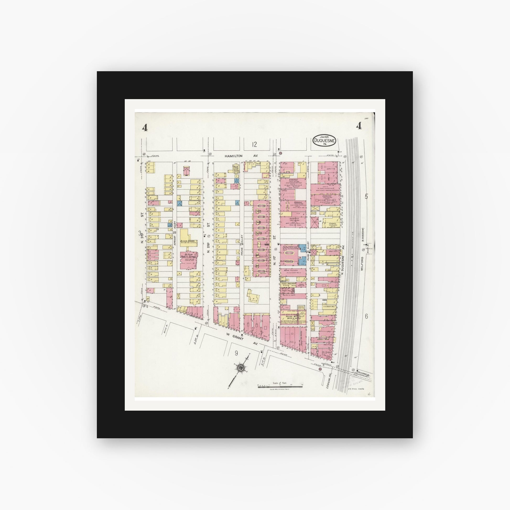 Old map wall art mockup — black gallery frame with white mat — Sanborn Fire Insurance Map from Duquesne, Allegheny County, Pennsylvania (1925), Sheet #0004