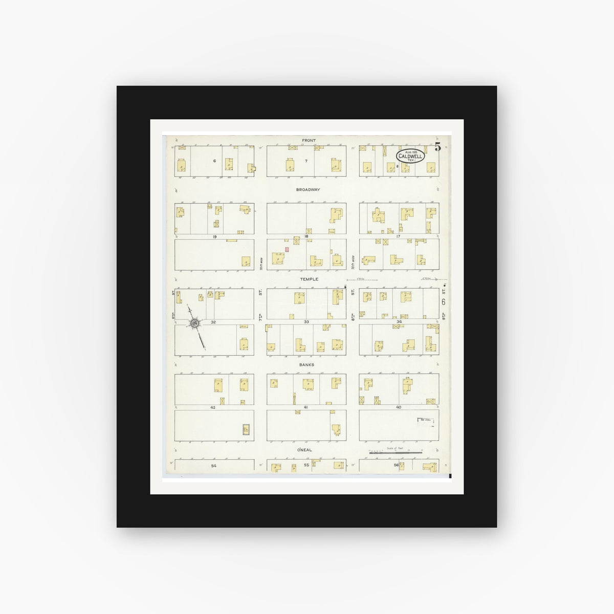Old map wall art mockup — black gallery frame with white mat — Sanborn Fire Insurance Map from Caldwell, Burleson County, Texas (1915), Sheet #0005