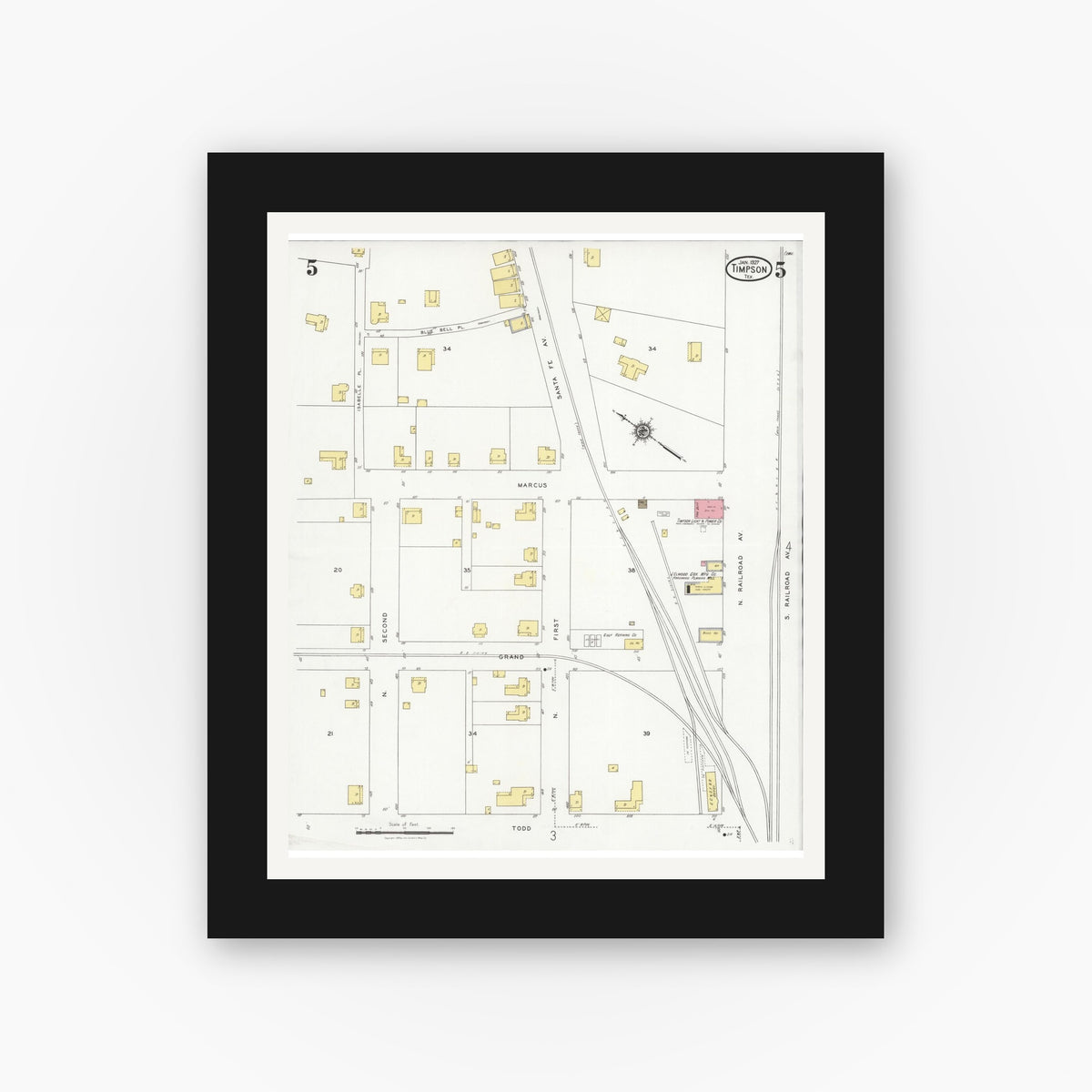Old map wall art mockup — black gallery frame with white mat — Sanborn Fire Insurance Map from Timpson, Shelby County, Texas (1927), Sheet #0005