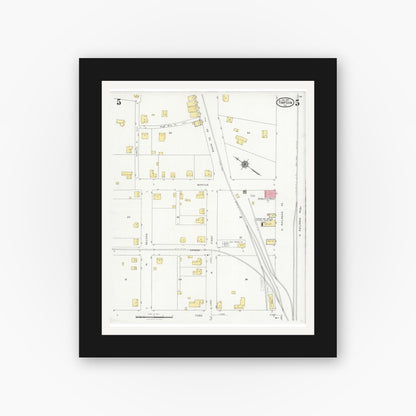 Old map wall art mockup — black gallery frame with white mat — Sanborn Fire Insurance Map from Timpson, Shelby County, Texas (1927), Sheet #0005