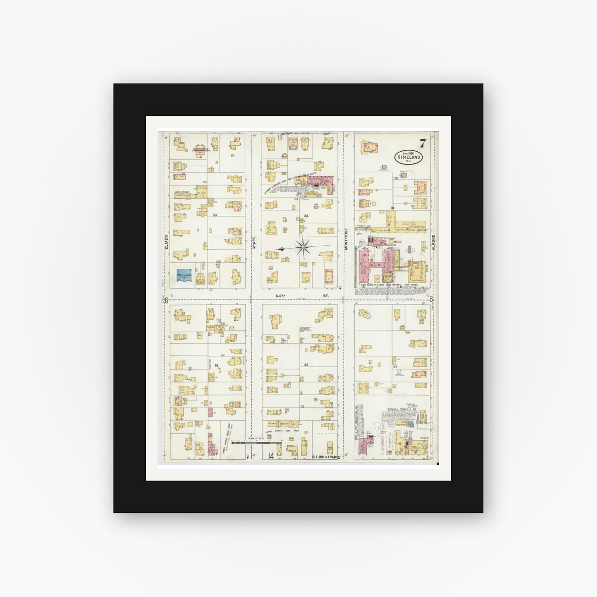 Old map wall art mockup — black gallery frame with white mat — Sanborn Fire Insurance Map from Vineland, Cumberland County, New Jersey (1906), Sheet #0007