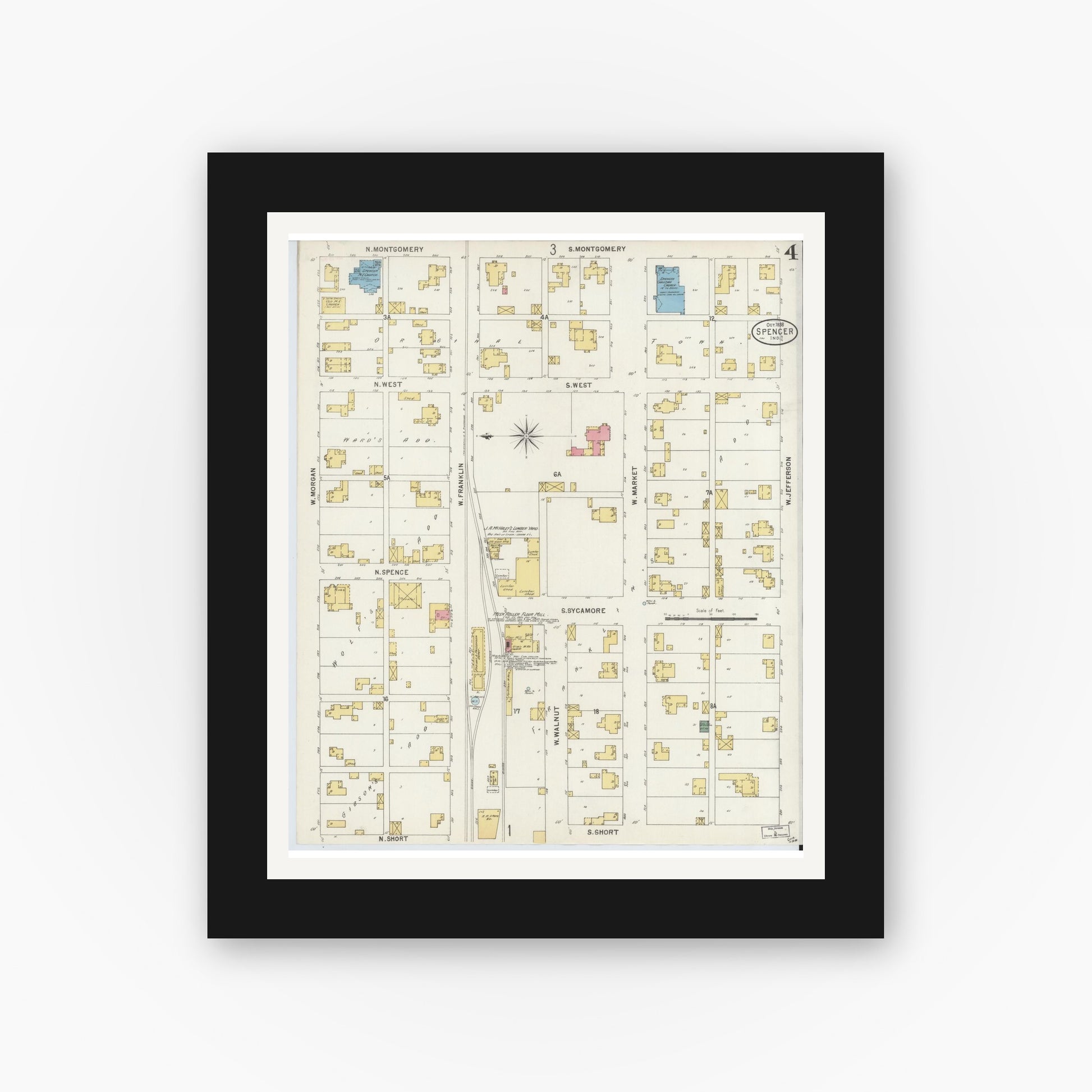 Old map wall art mockup — black gallery frame with white mat — Sanborn Fire Insurance Map from Spencer, Owen County, Indiana (1898), Sheet #0004