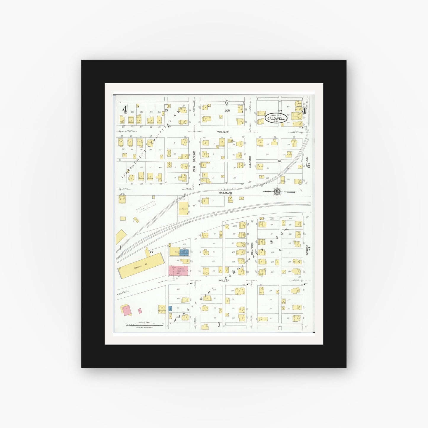 Old map wall art mockup — black gallery frame with white mat — Sanborn Fire Insurance Map from Caldwell, Noble County, Ohio (1923), Sheet #0004