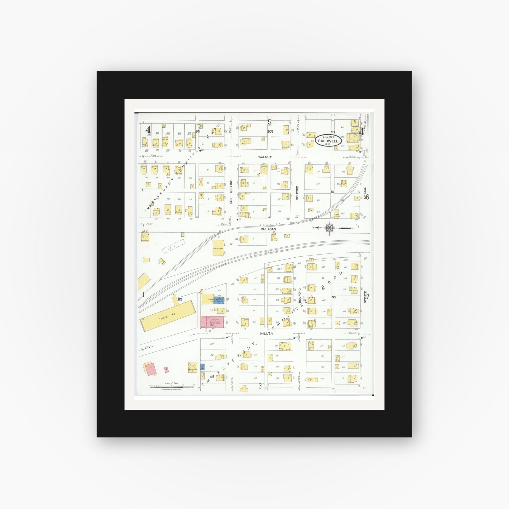 Old map wall art mockup — black gallery frame with white mat — Sanborn Fire Insurance Map from Caldwell, Noble County, Ohio (1923), Sheet #0004
