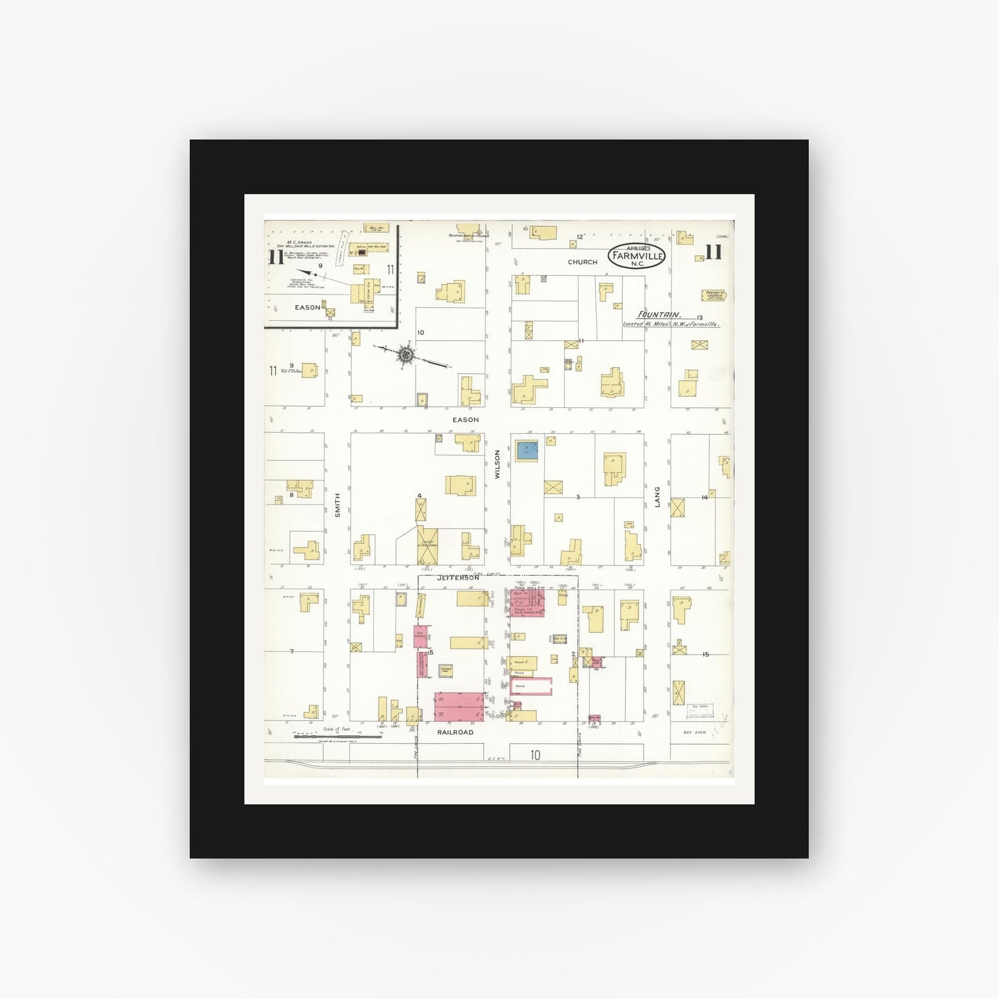 Old map wall art mockup — black gallery frame with white mat — Sanborn Fire Insurance Map from Farmville, Pitt County, North Carolina (1923), Sheet #0011