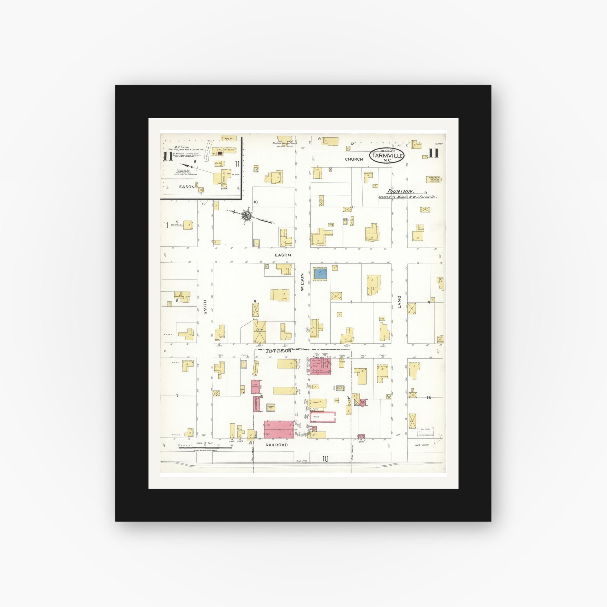 Old map wall art mockup — black gallery frame with white mat — Sanborn Fire Insurance Map from Farmville, Pitt County, North Carolina (1923), Sheet #0011
