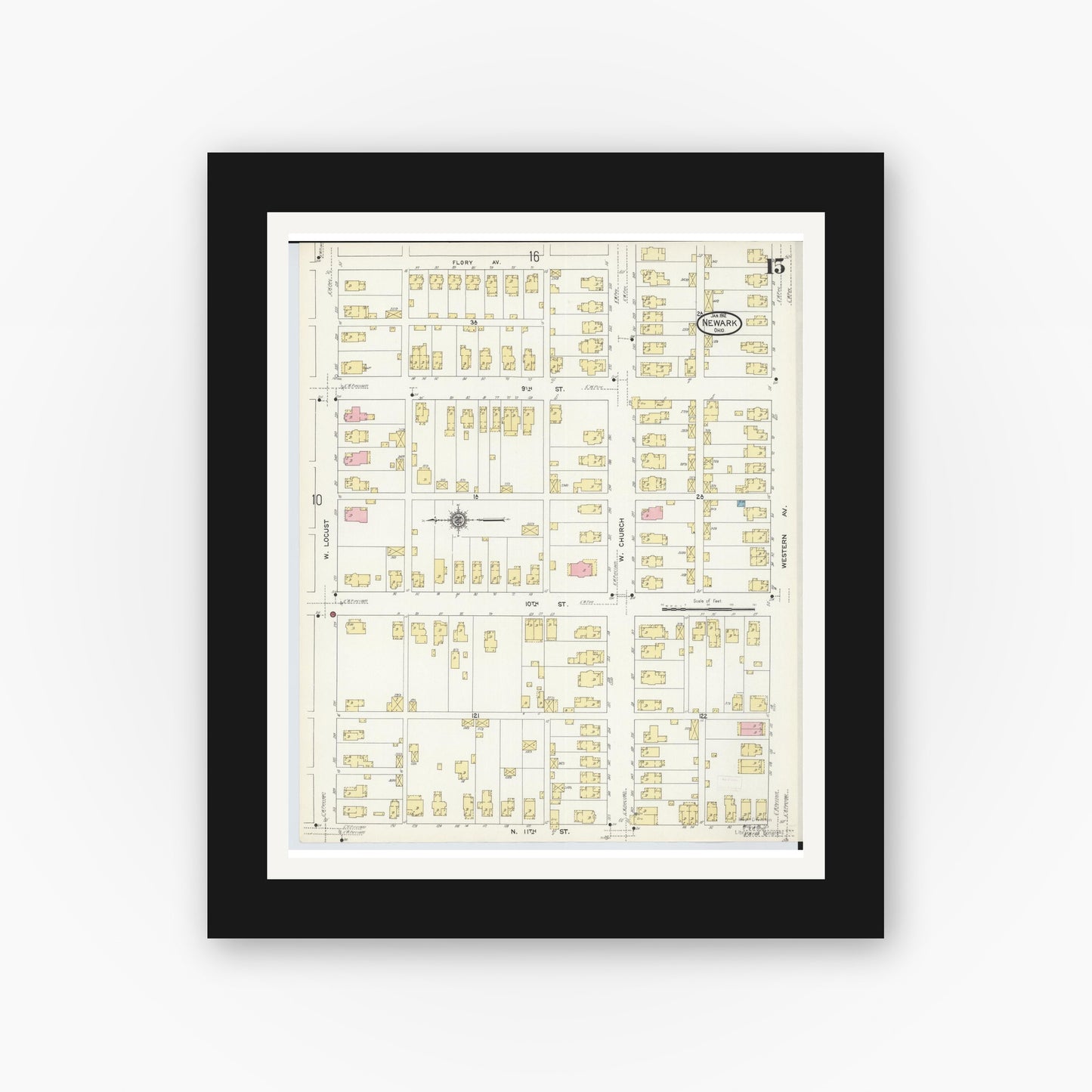 Old map wall art mockup — black gallery frame with white mat — Sanborn Fire Insurance Map from Newark, Licking County, Ohio (1912), Sheet #0015