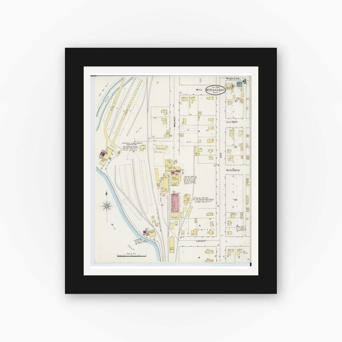 Old map wall art mockup — black gallery frame with white mat — Sanborn Fire Insurance Map from Mount Pleasant, Isabella County, Michigan (1895), Sheet #0004
