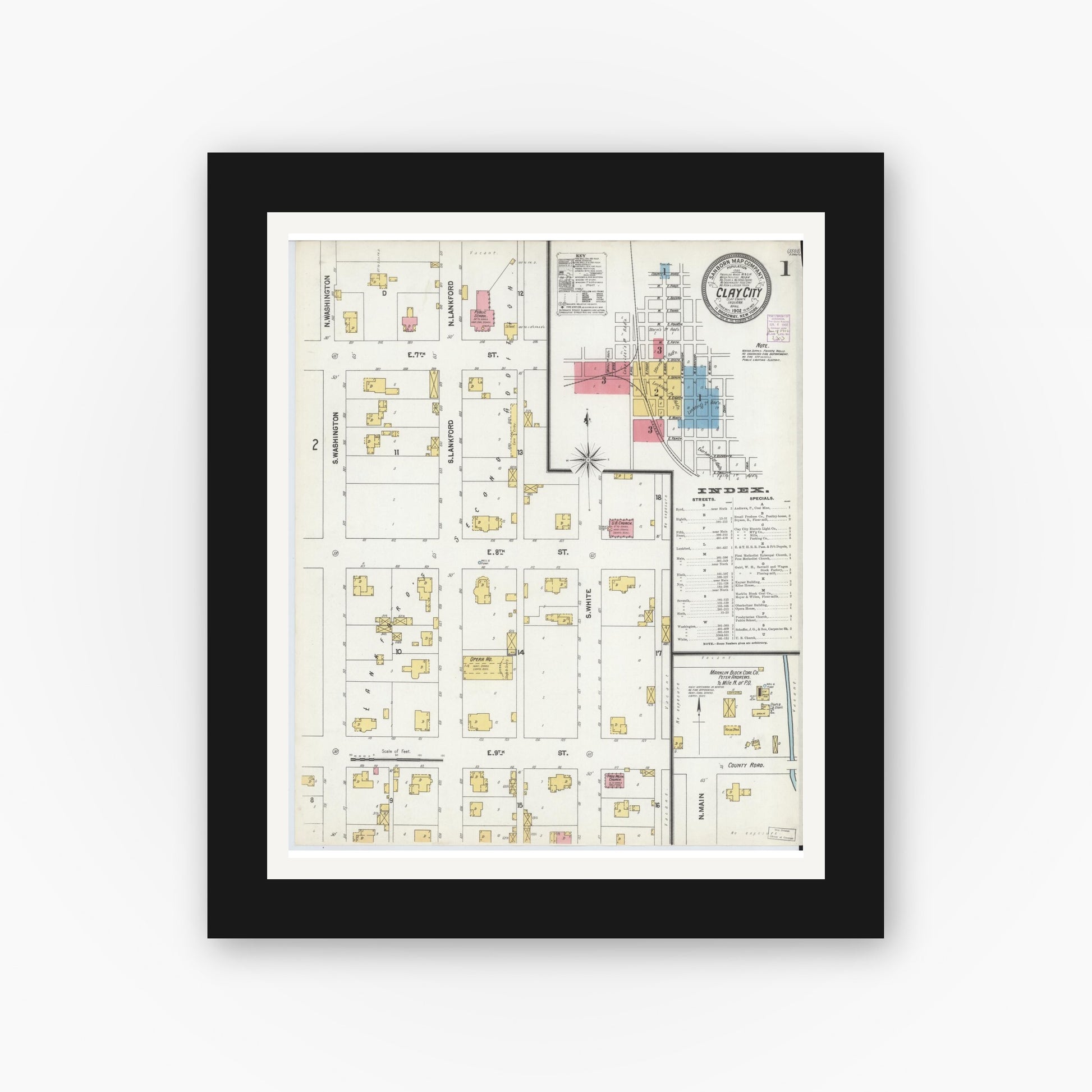Old map wall art mockup — black gallery frame with white mat — Sanborn Fire Insurance Map from Clay City, Clay County, Indiana (1902) - Complete Map Set