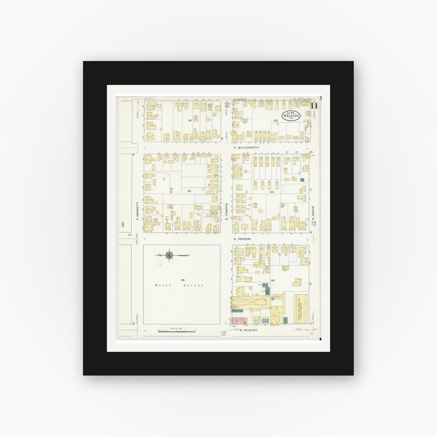 Old map wall art mockup — black gallery frame with white mat — Sanborn Fire Insurance Map from Raleigh, Wake County, North Carolina (1909), Sheet #0011