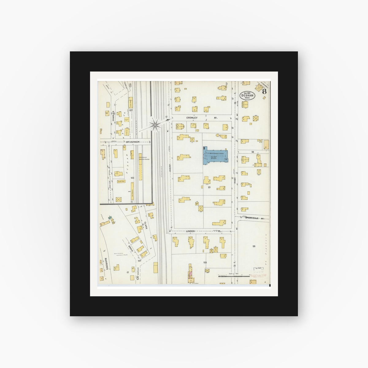 Old map wall art mockup — black gallery frame with white mat — Sanborn Fire Insurance Map from Dedham, Norfolk County, Massachusetts (1903), Sheet #0008