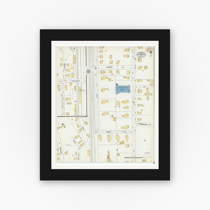 Old map wall art mockup — black gallery frame with white mat — Sanborn Fire Insurance Map from Dedham, Norfolk County, Massachusetts (1903), Sheet #0008
