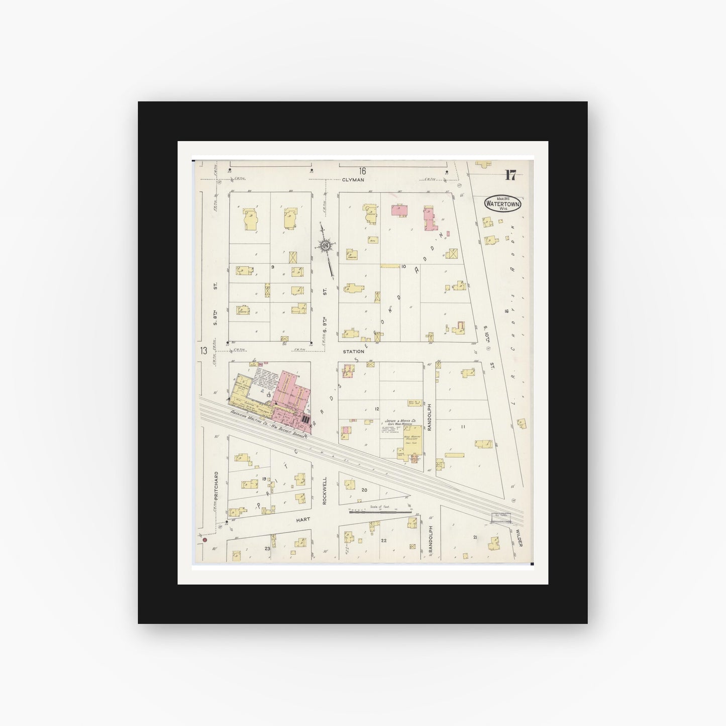 Old map wall art mockup — black gallery frame with white mat — Sanborn Fire Insurance Map from Watertown, Jefferson County, Wisconsin (1915), Sheet #0018