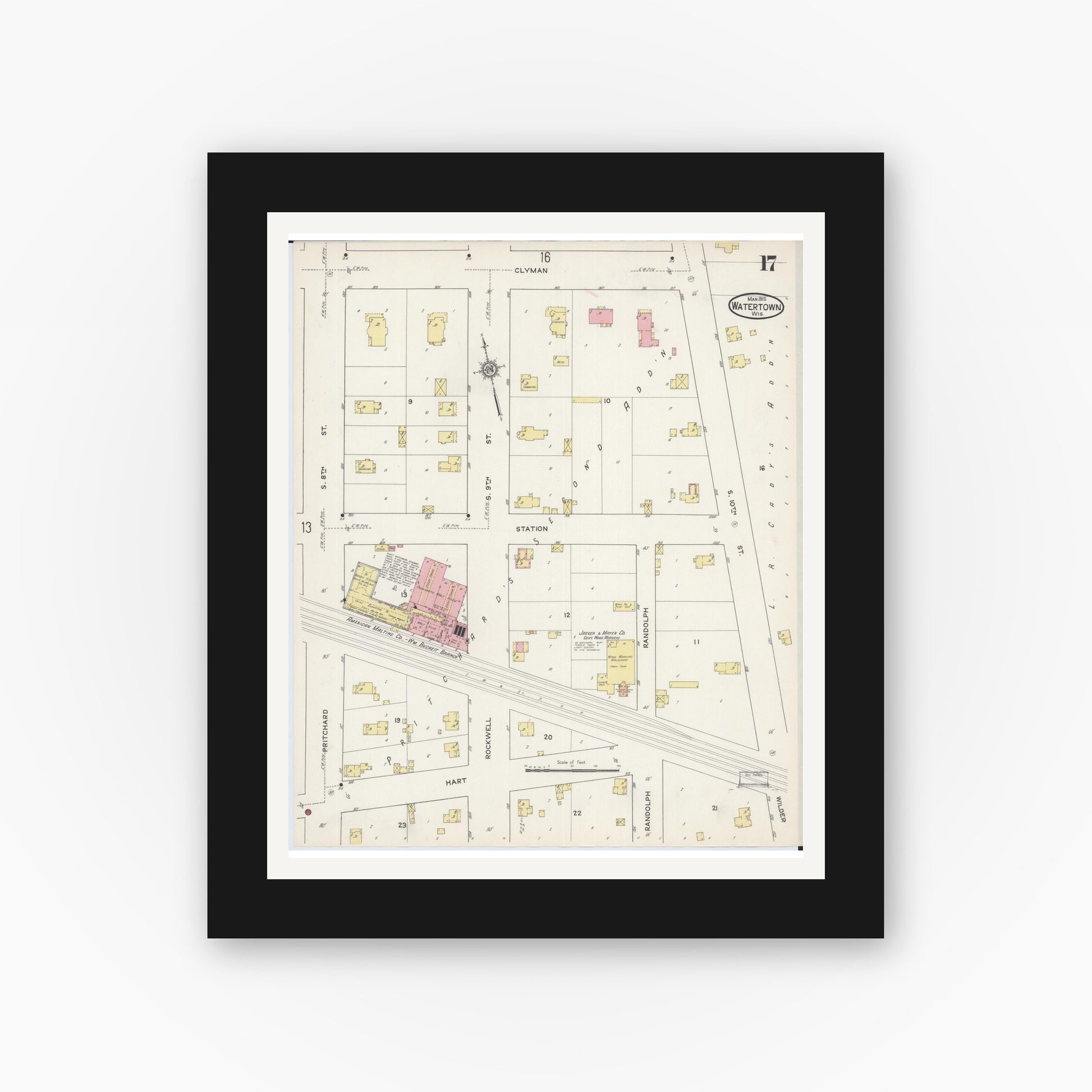 Old map wall art mockup — black gallery frame with white mat — Sanborn Fire Insurance Map from Watertown, Jefferson County, Wisconsin (1915), Sheet #0018