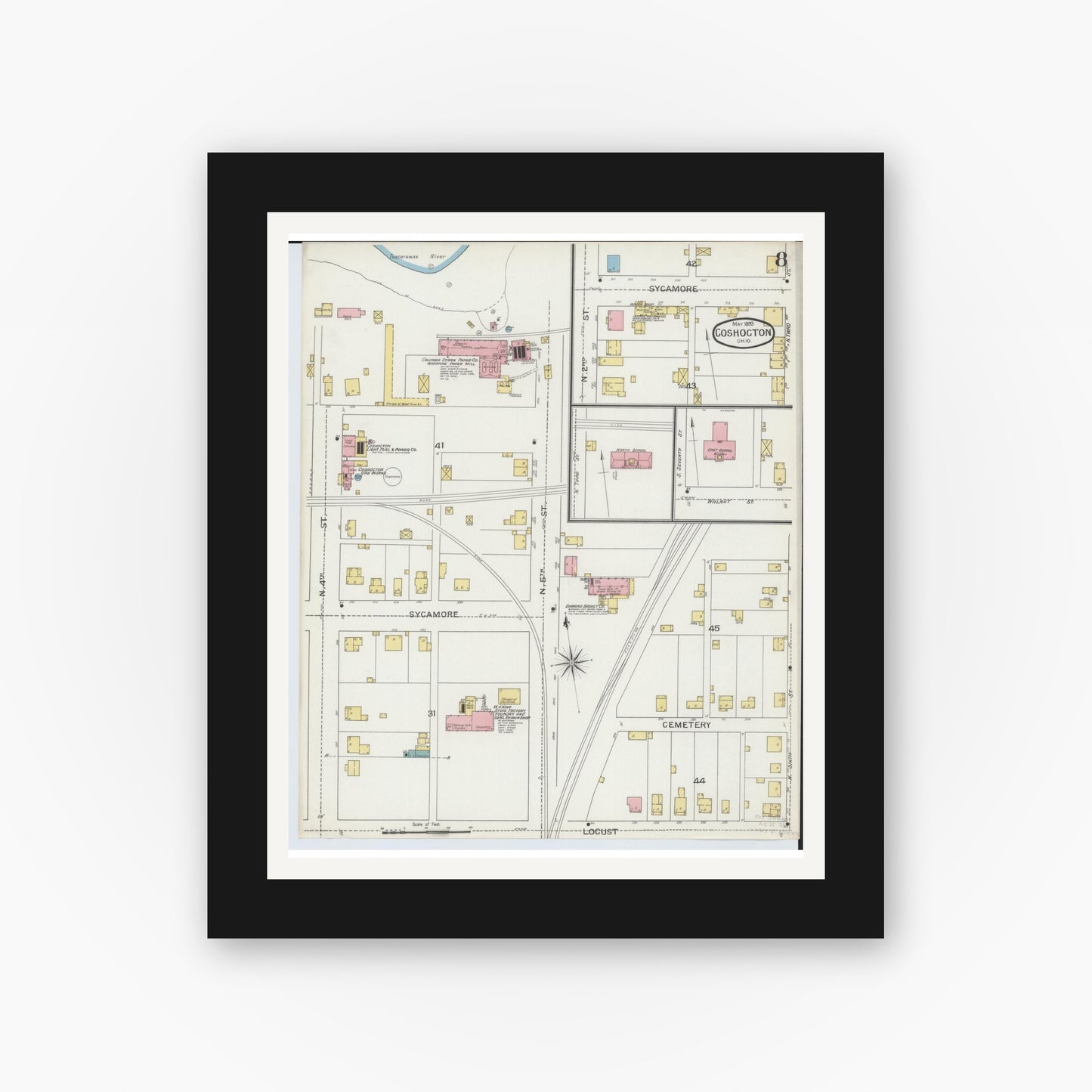 Old map wall art mockup — black gallery frame with white mat — Sanborn Fire Insurance Map from Coshocton, Coshocton County, Ohio (1893), Sheet #0008