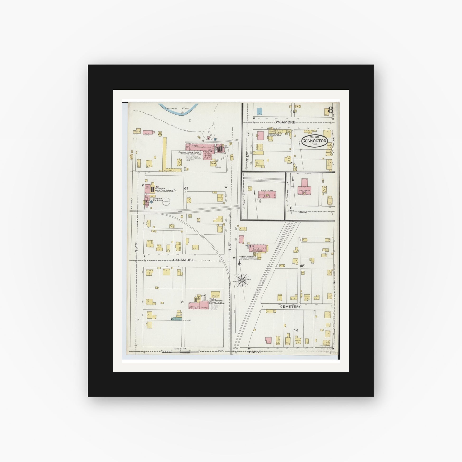 Old map wall art mockup — black gallery frame with white mat — Sanborn Fire Insurance Map from Coshocton, Coshocton County, Ohio (1893), Sheet #0008