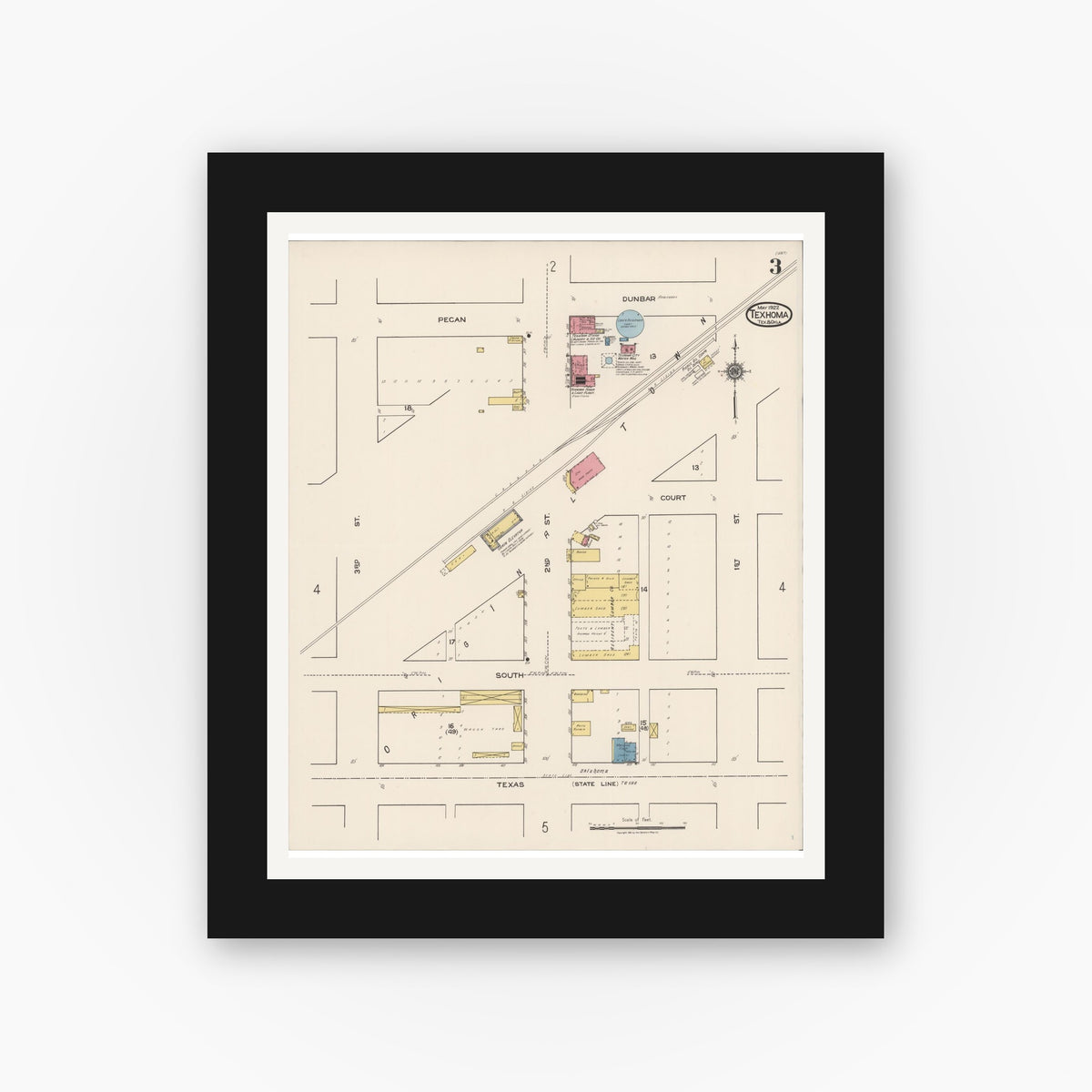 Old map wall art mockup — black gallery frame with white mat — Sanborn Fire Insurance Map from Texhoma, Texas County, Oklahoma and Sherman County, Texas, Texas (1922), Sheet #0003