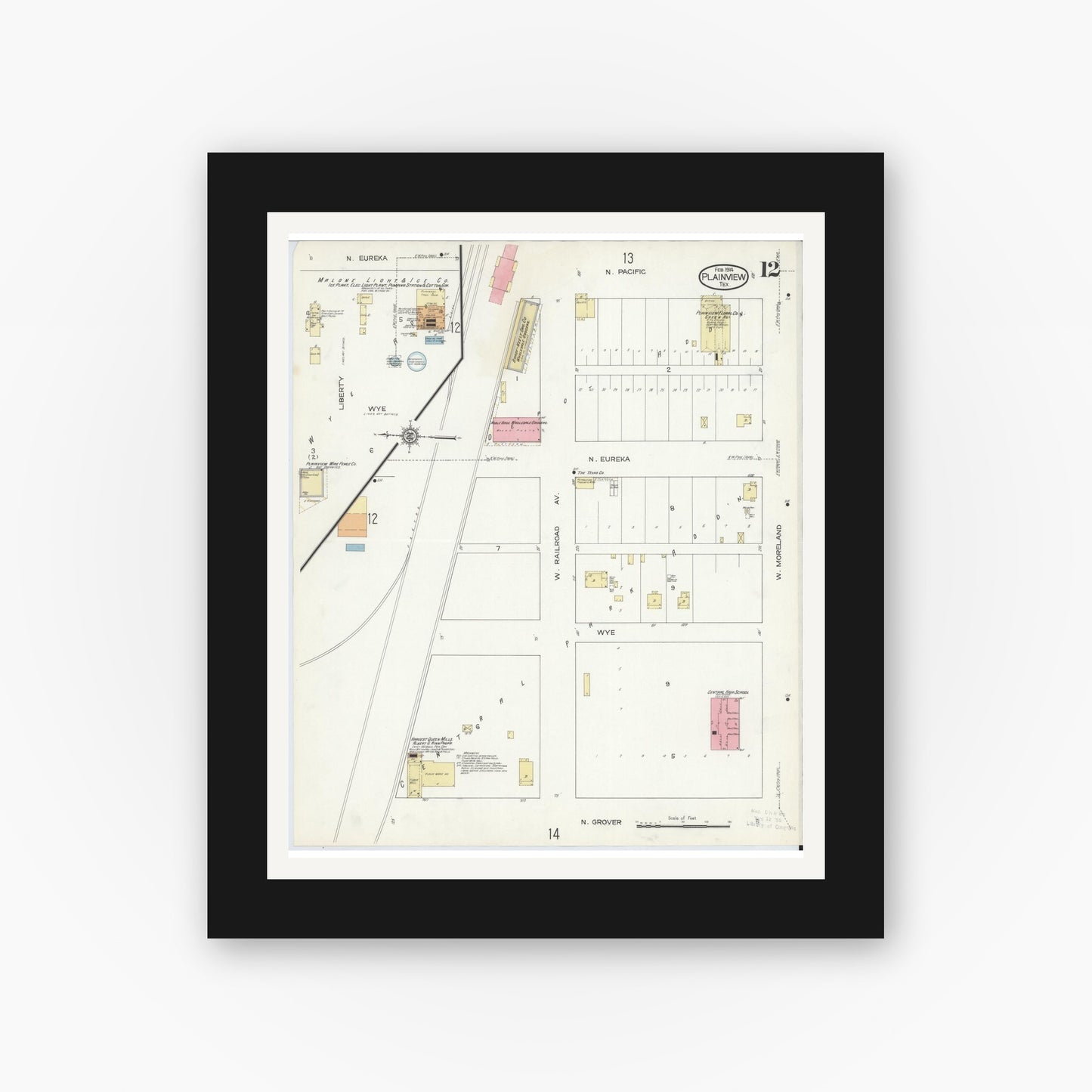 Old map wall art mockup — black gallery frame with white mat — Sanborn Fire Insurance Map from Plainview, Hale County, Texas (1914), Sheet #0012
