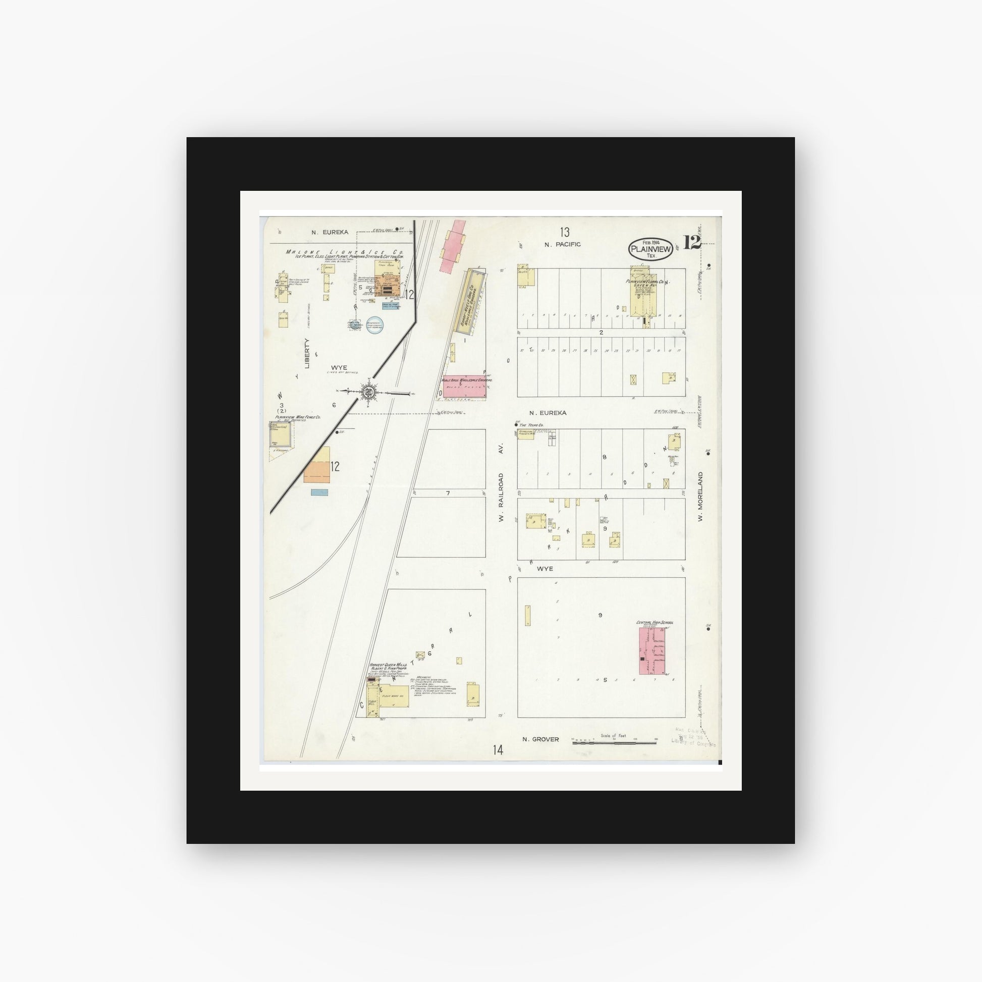 Old map wall art mockup — black gallery frame with white mat — Sanborn Fire Insurance Map from Plainview, Hale County, Texas (1914), Sheet #0012