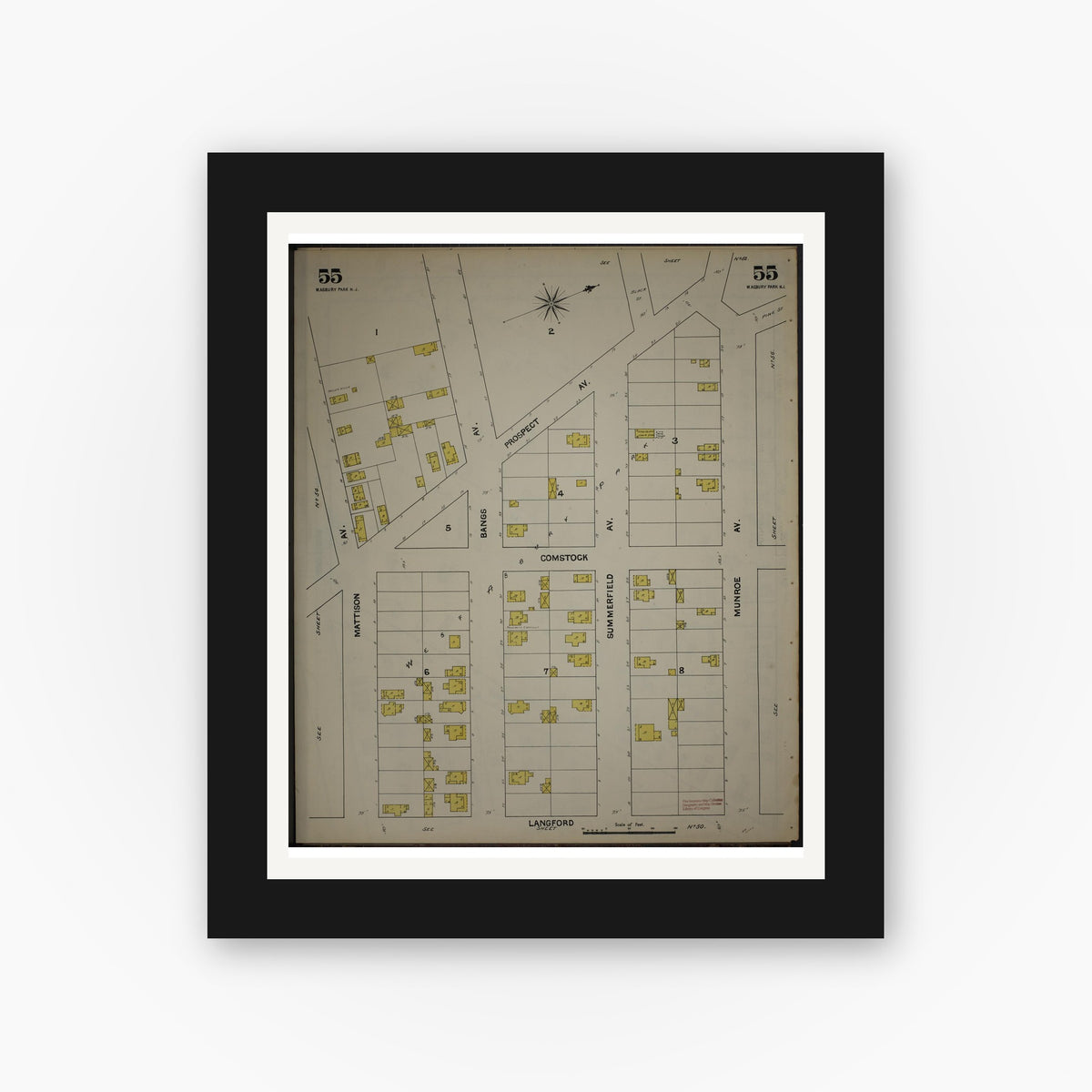 Old map wall art mockup — black gallery frame with white mat — Sanborn Fire Insurance Map from New Jersey Coast, New Jersey Coast, New Jersey (1890), Sheet #0055