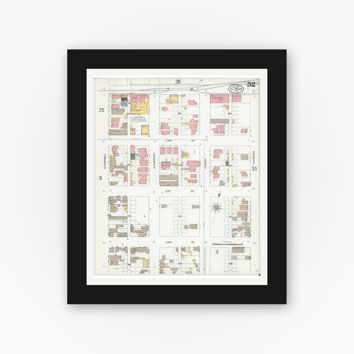 Old map wall art mockup — black gallery frame with white mat — Sanborn Fire Insurance Map from El Paso, El Paso County, Texas (1905), Sheet #0032