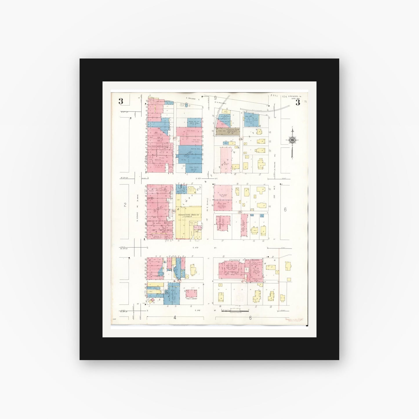 Old map wall art mockup — black gallery frame with white mat — Sanborn Fire Insurance Map from Spencer, Clay County, Iowa (1946), Sheet #0003