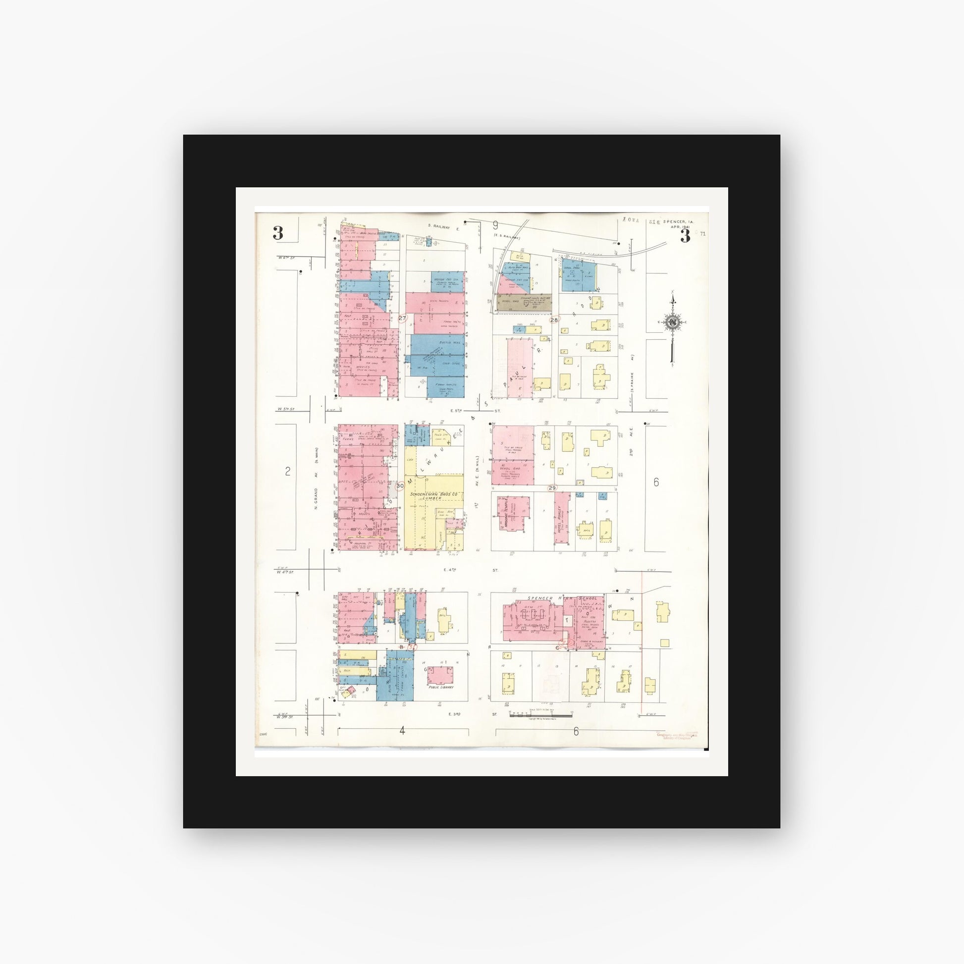 Old map wall art mockup — black gallery frame with white mat — Sanborn Fire Insurance Map from Spencer, Clay County, Iowa (1946), Sheet #0003