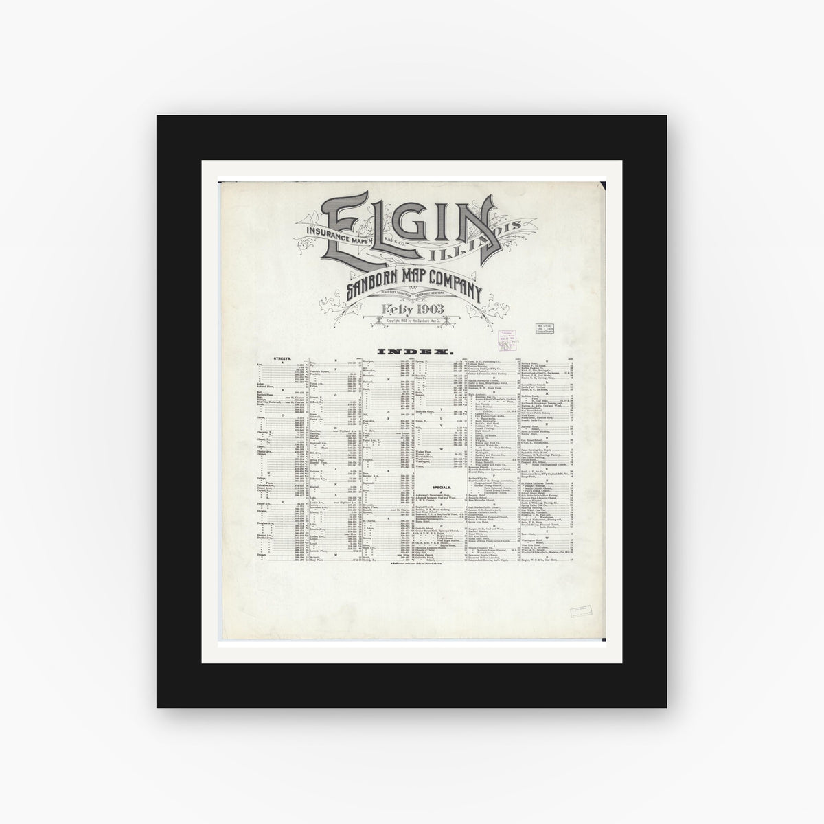 Old map wall art mockup — black gallery frame with white mat — Sanborn Fire Insurance Map from Elgin, Kane County, Illinois (1903), Sheet #0001