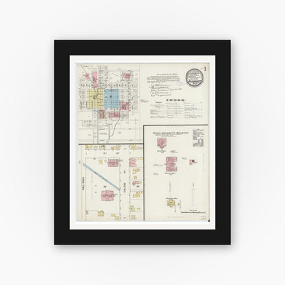 Old map wall art mockup — black gallery frame with white mat — Sanborn Fire Insurance Map from Bloomington, Monroe County, Indiana (1887), Sheet #0001